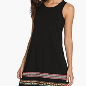 Women's Summer Boho Sleeveless Embroidered Hem Loose Casual Tank Dress